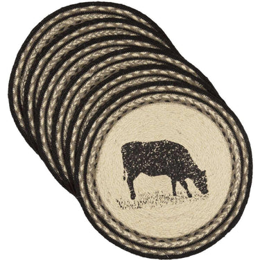 Sawyer Mill Charcoal Cow Jute Braided Placemat Round Set of 6 - The Fox Decor